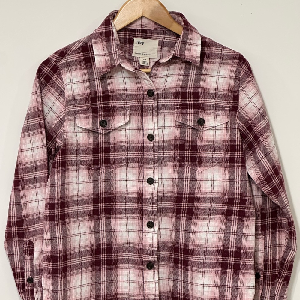 Button Down Tilley Flannel Plaid Shirt - Red Pink and White Front Pockets